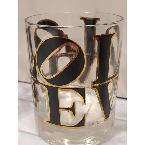 CERA MCM Glass Old Fashioned Rocks Glasses Cocktail Black & Gold 'LOVE' Set of 4 - Picture 12 of 16